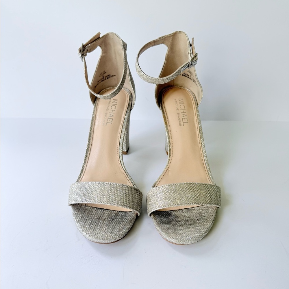 Michael Michael Kors Sascha Silver Glitter High Heel Ankle Strap Sandal 9 - Picture 2 of 15